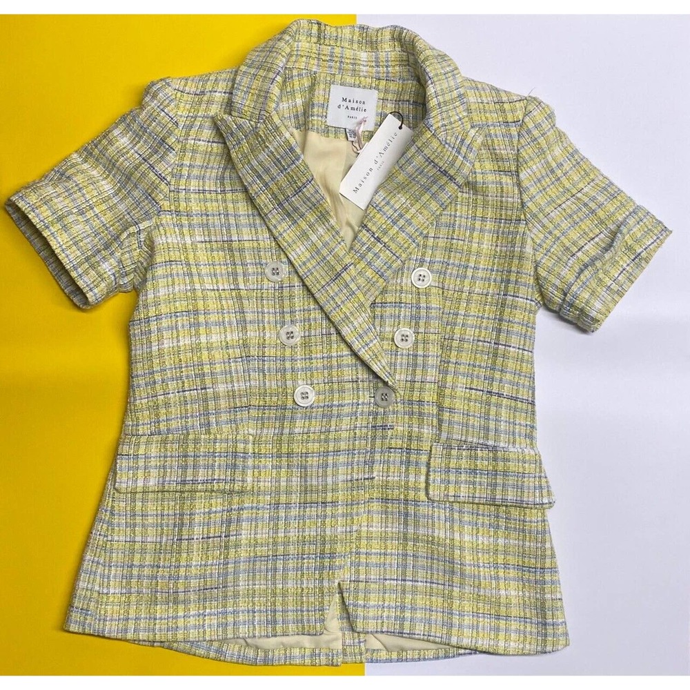 Maison dAmelie Short Sleeve Jacket Size XS Yellow, White, Light Blue, 2 pocket